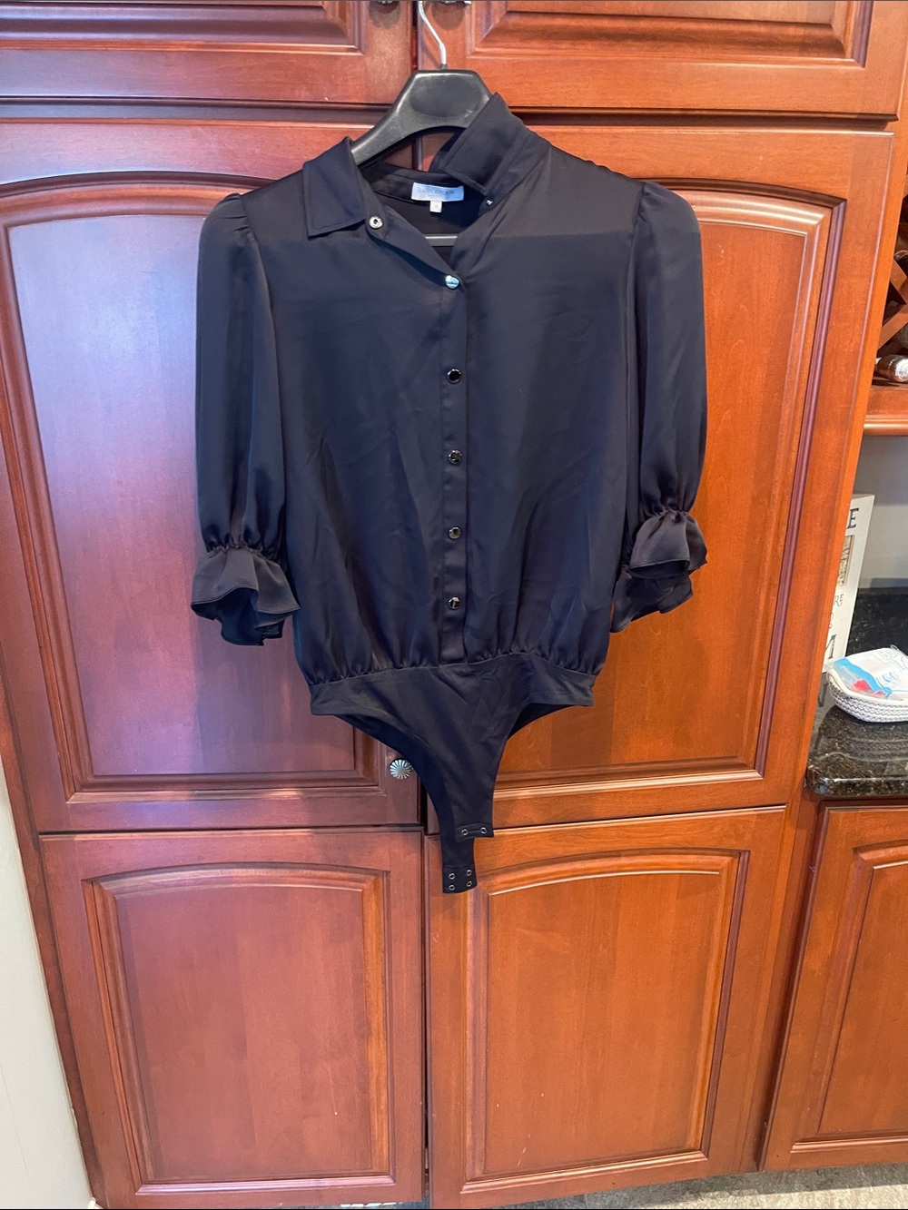 Ramy Brook Black Puff-Sleeve Button-Front Bodysuit Dina Button Down Bodysuit